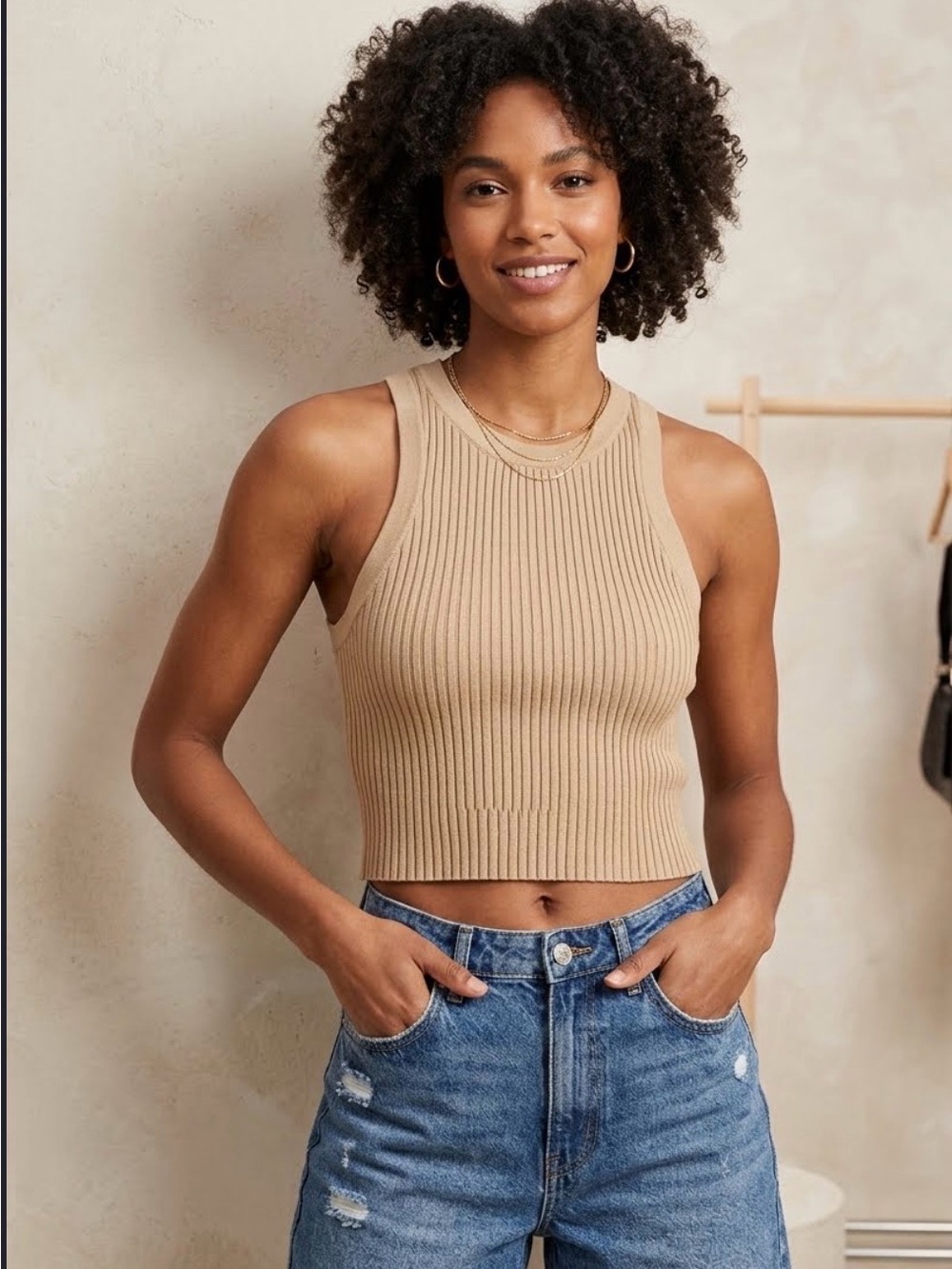 H&M-Divided Ribbed Sleeveless Knit Tank Crop Top - Beige